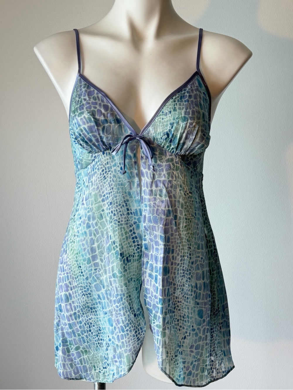 Sheer Lilac Blue-Green Printed Chemise Slip w/ Tie Front
